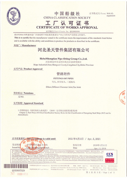 Trung Quốc Hebei Shengtian Pipe Fittings Group Co., Ltd. Chứng chỉ
