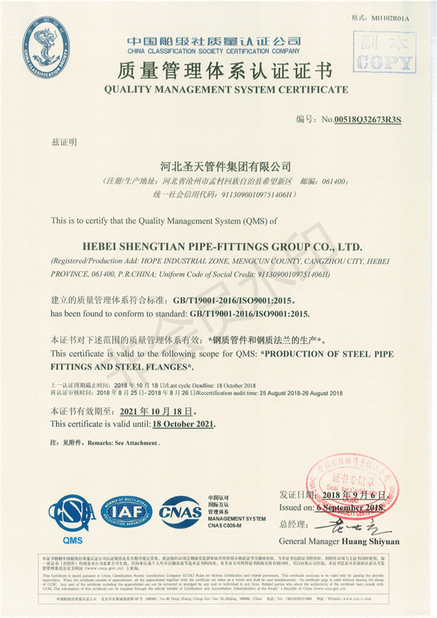 Trung Quốc Hebei Shengtian Pipe Fittings Group Co., Ltd. Chứng chỉ